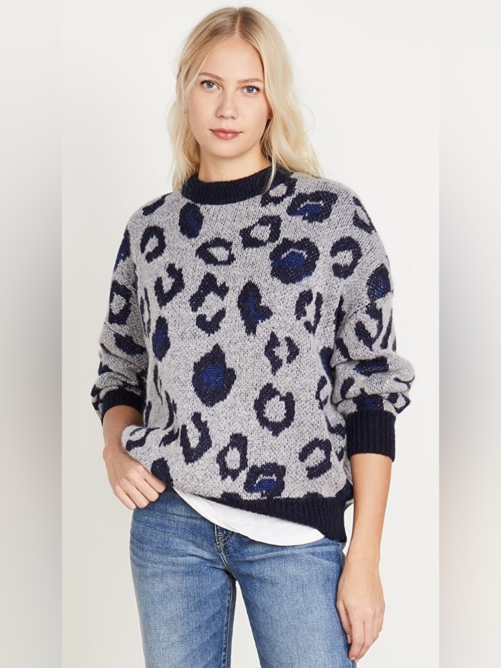 ANINE BING Raigh Leopard Sweater S/P Gray Navy Mohair Blend EUC